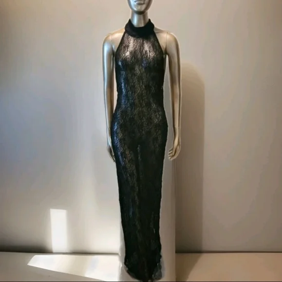 NWT Black Sexy Sheer Halter Neck Backless Bodycon Maxi Dress Sz S - Picture 7 of 9